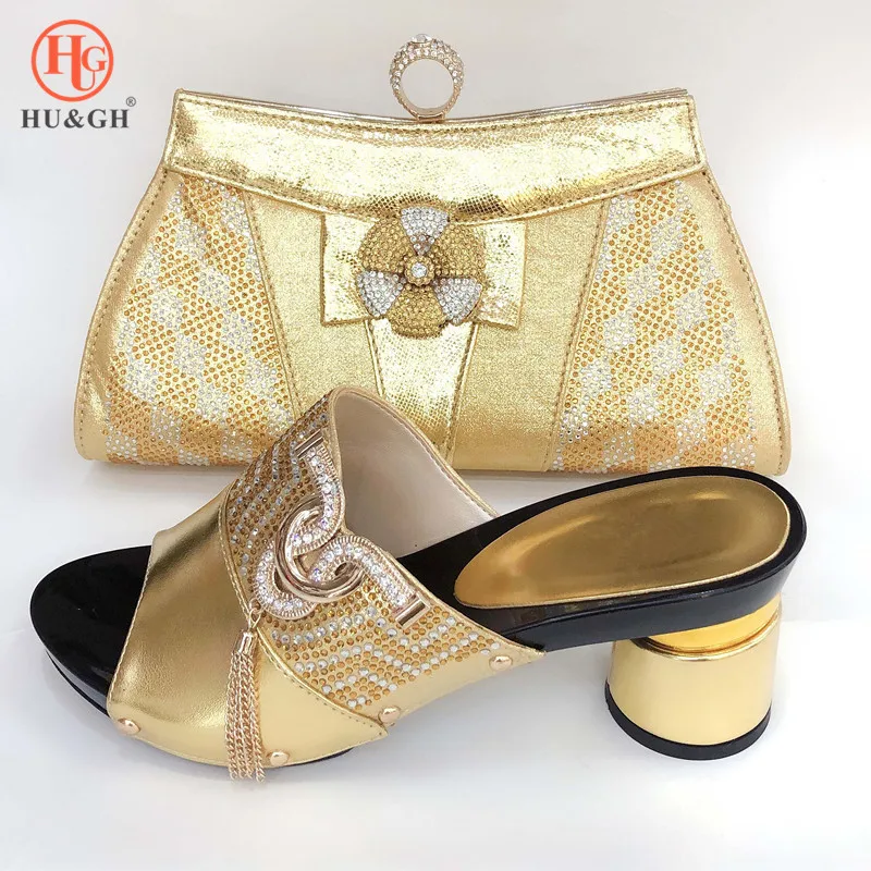 

Italian Shoes with Matching Handbag Set Gold Color Nigerian Women Wedding Shoe with Bag African Women Shoes Wedding Party Sandal
