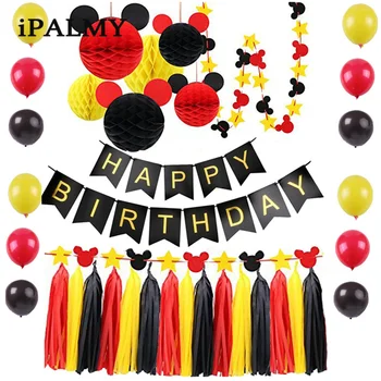 

ipalmy Minnie Birthday Party Decoration Set Mickey Mouse Ears Honeycomb Balls Stars Garland Banner Red Yellow Black Theme