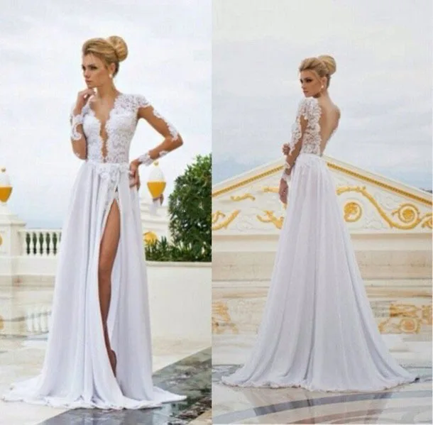 Deep V Neck White Chiffon Sexy Backless Long Sleeve Lace Wedding Dresses Modern Front Open Vestido De Noiva 2015 Marriage HW537 | Свадьбы и