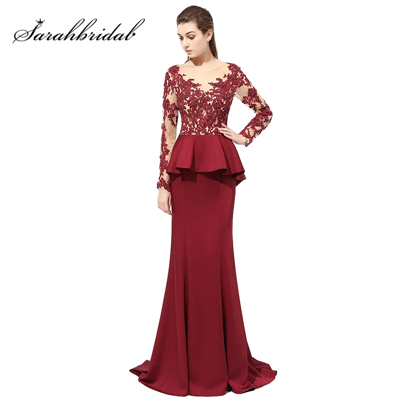

Sexy Illusion Lace Appliques Top Burgundy Mermaid Evening Dresses with Beaded Satin Ruffles Long Sleeve Prom Party Gowns LX406