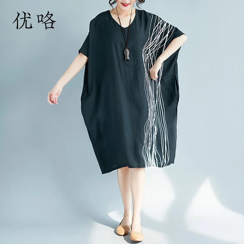 

4XL 5XL 6XL 7XL Plus Size Art Striped Linen Dress Women Batwing Sleeve Casual Loose Oversize Midi Dress 2019 Summer Dresses