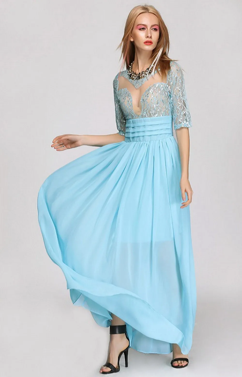 Maxi Dress Sexy Элегантная Дама Спинки Шифон Кружева Цветок 3/4 Рукава Вечерние платья| |