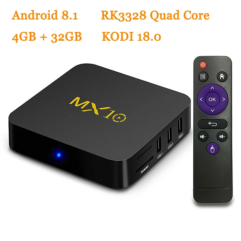 RUIJIE MX10 4GB 32GB Android 8.1 TV BOX RK3328 Quad Core 64bit KODI 18.0 4K HDR WIFI USB 3.0 Smart Media Player