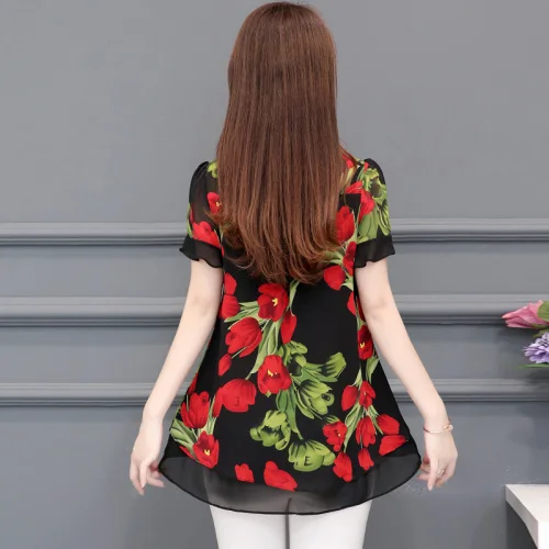 2019 جديد كبير حجم 5XL المرأة الصيف الشيفون قميص أزياء الأزهار فضفاضة بلوزة جولة الرقبة قصيرة الأكمام قميص الإناث