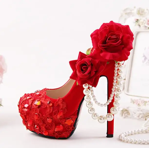 Новое поступление, женские свадебные туфли из флока красного цвета обувь на платформе и высоком каблуке 8 см, 11 см, 14 см Свадебная обувь с большим цветком Красная Подошва - Цвет: 14cm shoe