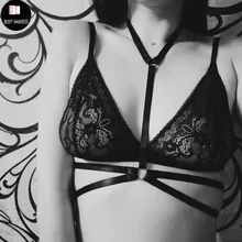 Женский готический черный сексуальный бондаж, БДСМ-белье черное поддерживающее нижнее белье из эластичных лямок Регулируемая рейверская одежда-Фетиш полюс танец Бандаж Бюстгальтер