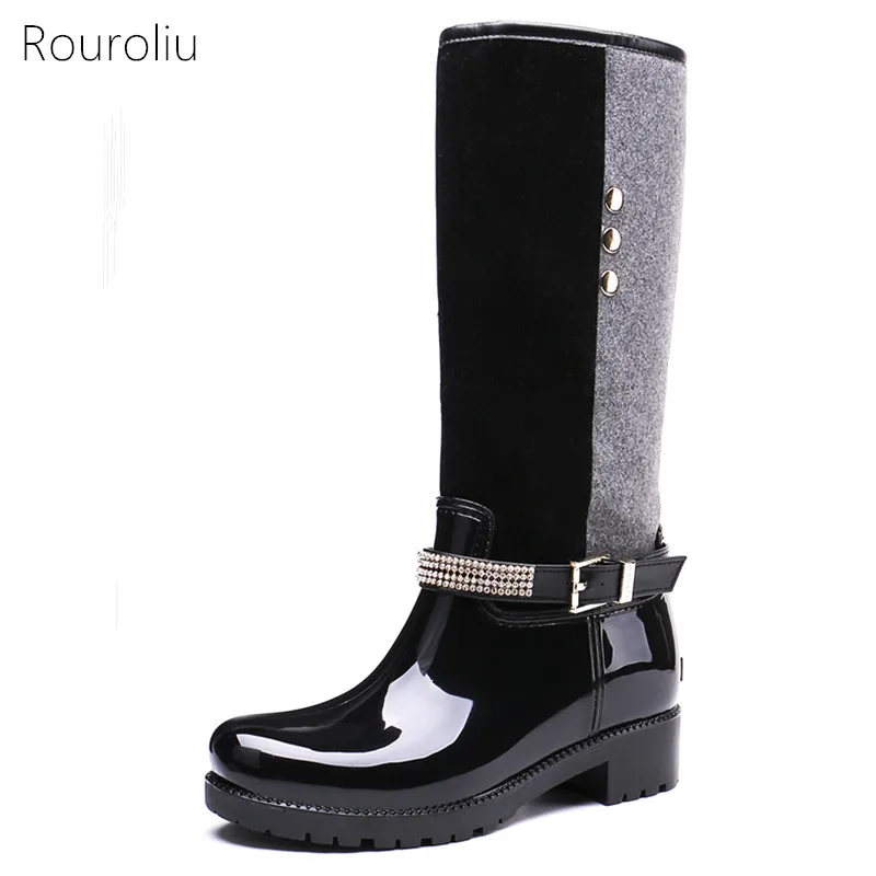 

Rouroliu Women British Style Knee-High Rubber Rain Boots Waterproof Patchwork Water Shoes Back Zipper Woman Wellies RT326