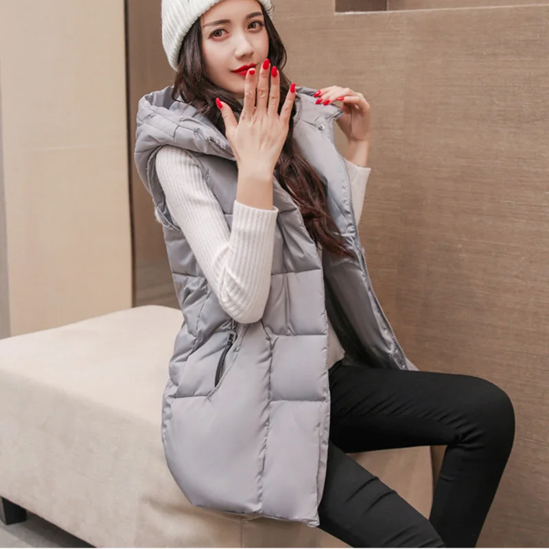 Pink Hooded Down Cotton Padded Women Vest Medium-long Thick Straight Loose 2018 Autumn Winter Fashion Wadded Waistcoat Woman