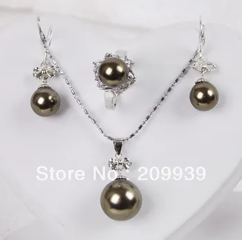 

huij 00159 South Sea Brown Shell Pearl Ring Earrings Pendant Necklace Set