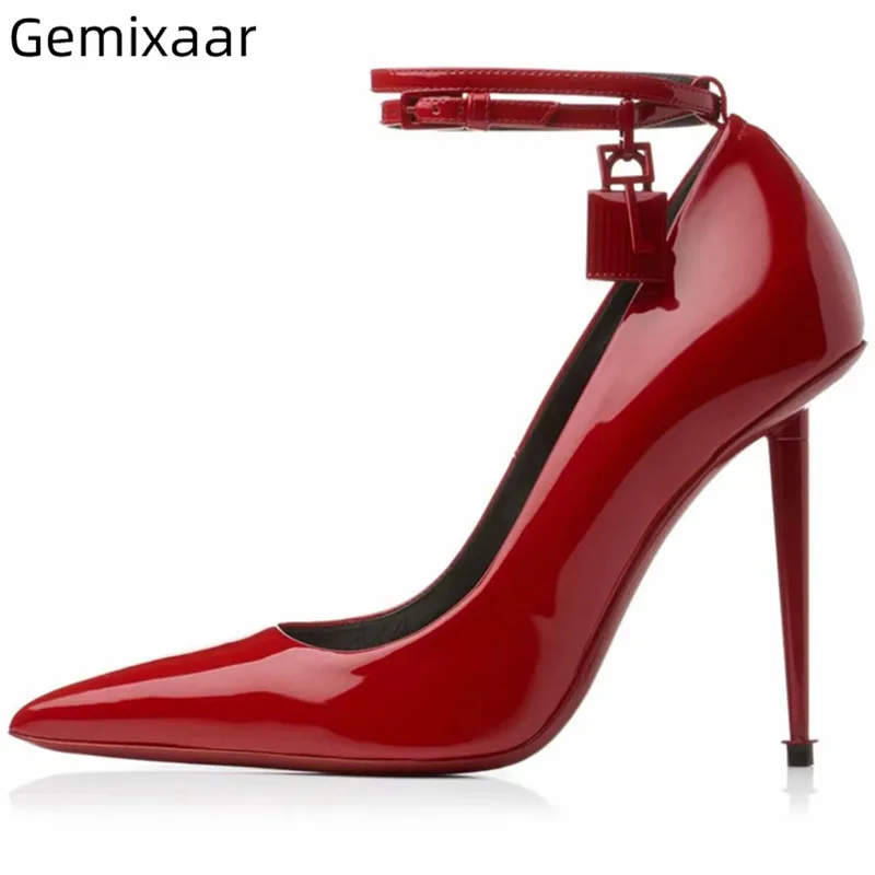 

Narrow Buckle Decor Red Lock Shoes Woman Point Toe Slim Shallow High Gladiator Heels Zapatos Elegant Red Black Woman Pumps