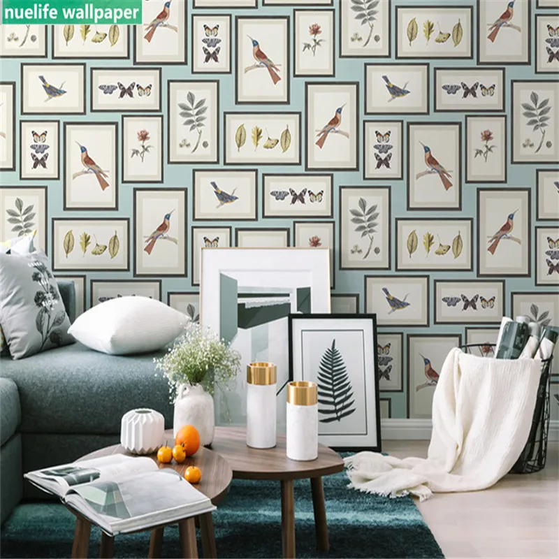 

Nordic style blue flowers and birds pattern study room living room bedroom clothing store office store background wall paper