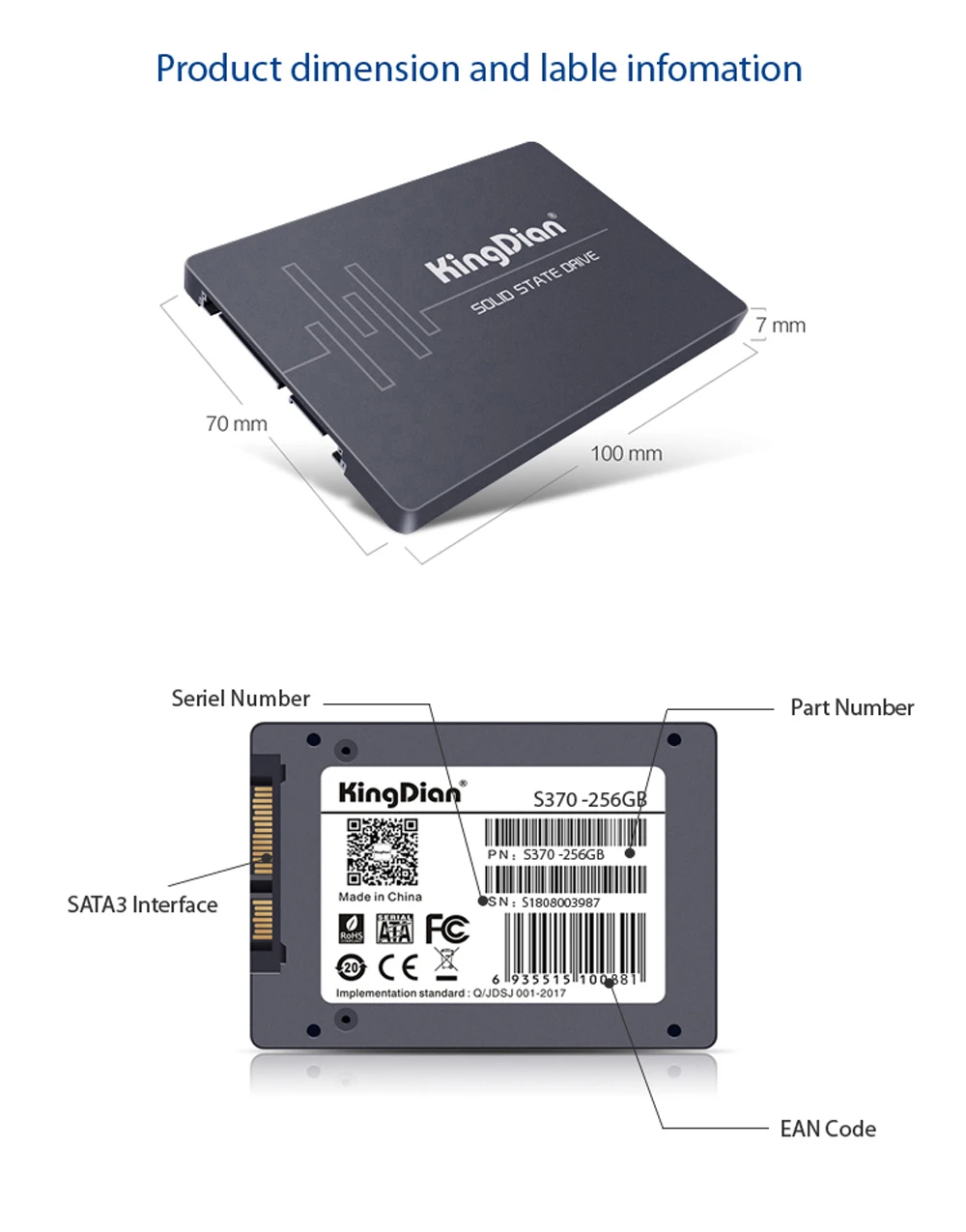 (S370 256 ГБ) Kingdian SSD 2,5 дюймов 256 ГБ 554/476 МБ/с. SATAIII SSD с Кэш 32 МБ для ноутбуков Внутренний твердотельный жесткий диск