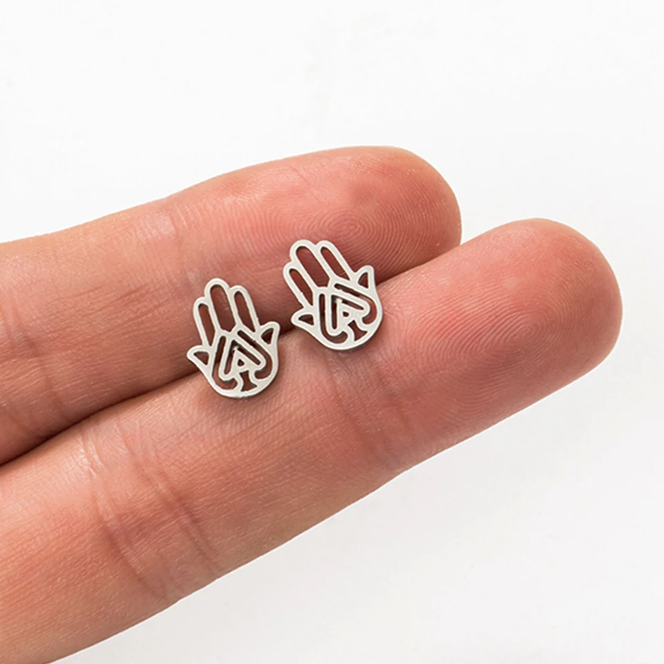

Hamsa hand Stud Earrings Fashion stainless steel silver color Lucky Hand ear studs Minimalist jewelry gift for ladies and girls