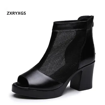 

European Style Cowhide Mesh Sexy Shoes Woman Summer Sandals 2019 Fish Head high heels Leather Sandals Ankle Boots Women Sandals