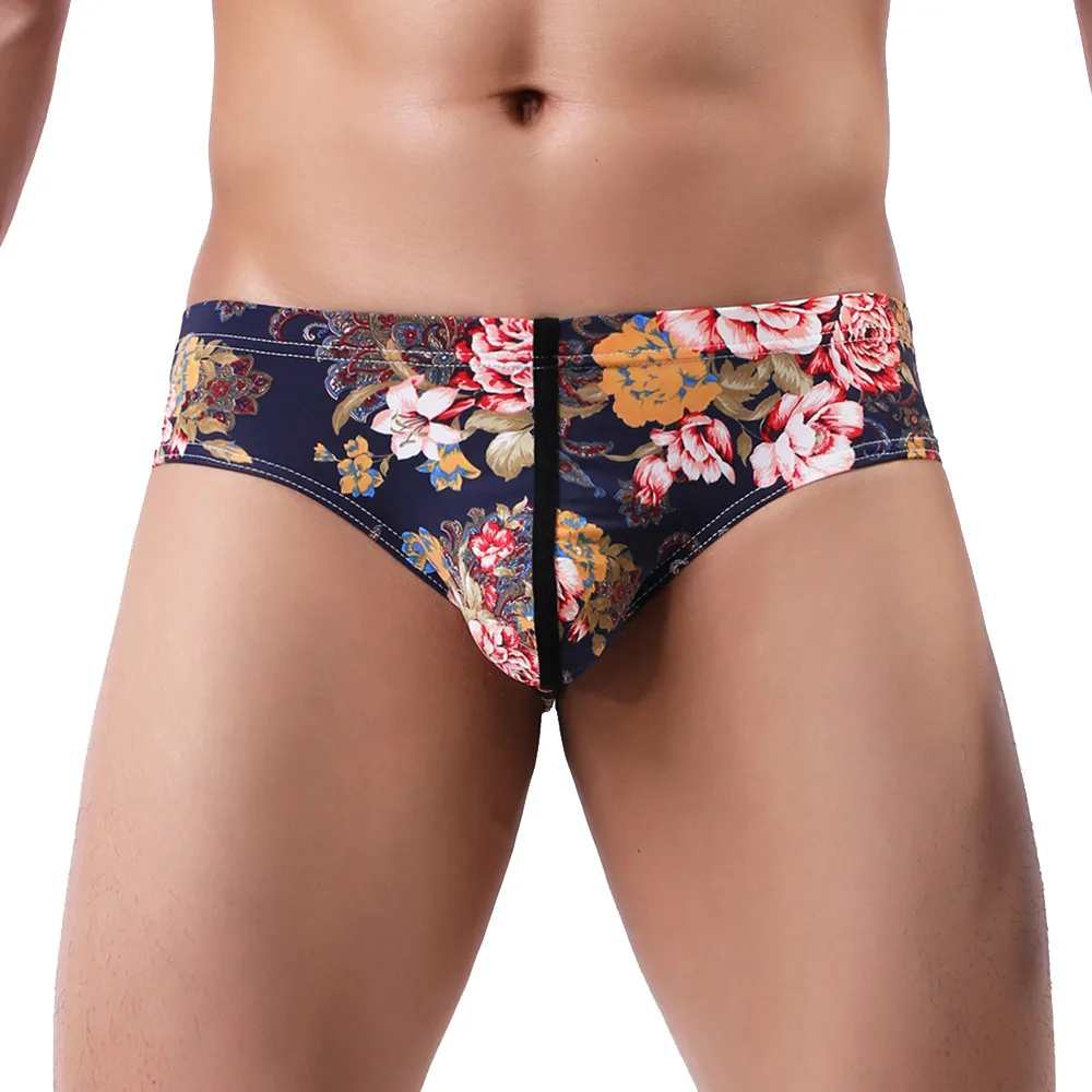 

Men's Patchwork Print Flat Bikini Shorts Raised Pouch Panties Sexy Beach Swimwear short de bain homme 2019 new arrival
