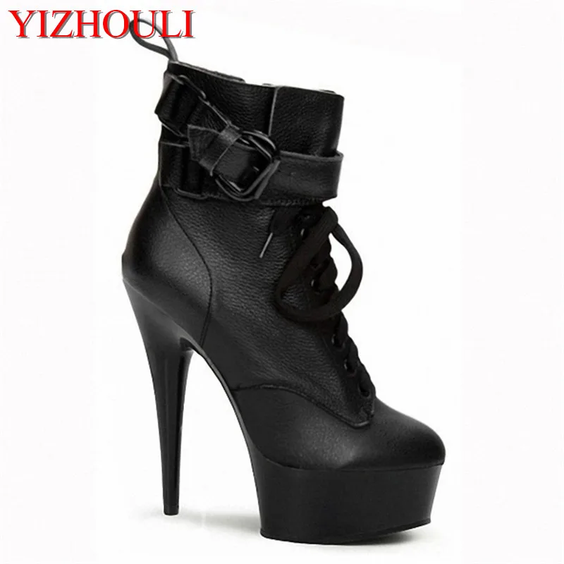 

15cm black strappy sexy boots fashion women motorcycle boots classic Platforms short ankle boots 6 inch high heel shoes