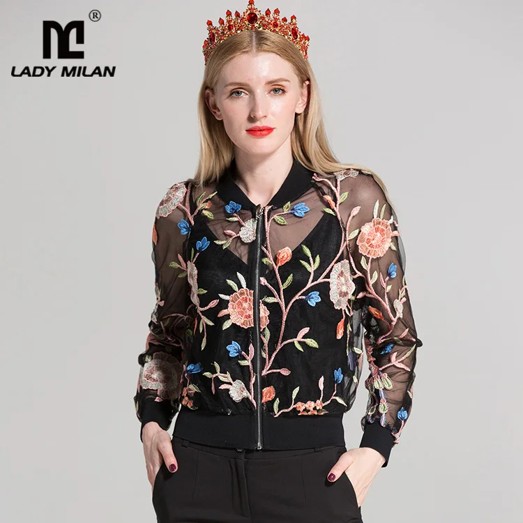 New Arrival 2018 Womens Stand Collar Long Sleeves Embroidery Zipper Closure Fashion Casual