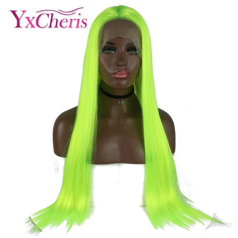 

YxCheris Long Green Wigs For Halloween Heat Resistant Fiber Synthetic Lace Front anime Wigs For Cosplay Fluorescence color