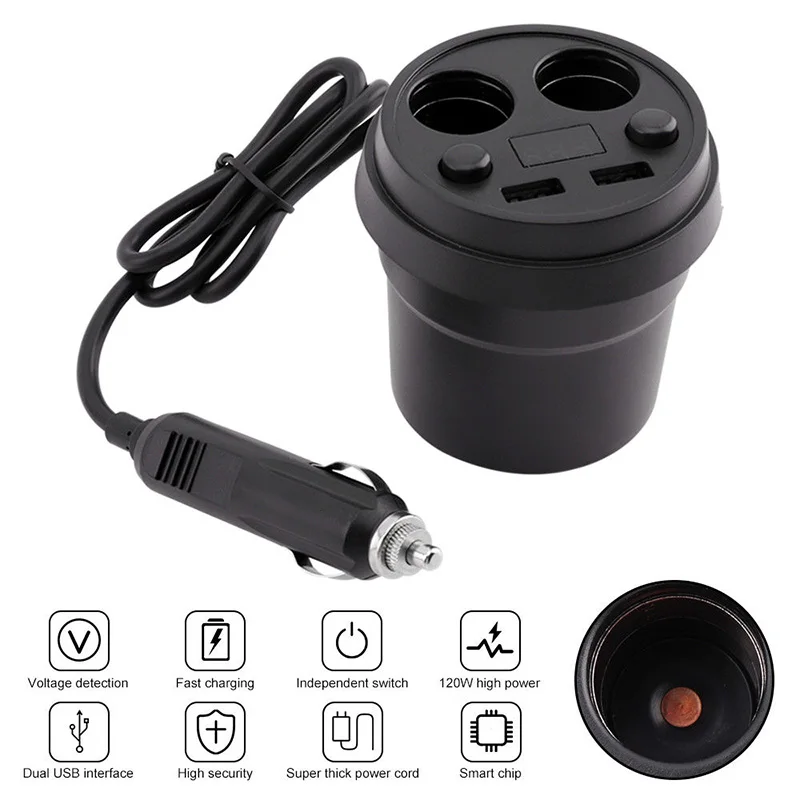 

Car Charger Mount 2 Cigarette Lighter Socket Voltage Current Display Stand Dual USB Charging Cup Holder Mobile Phone Charger