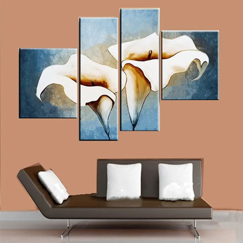 

Handmade Abstract Floral Paintings Home Decor Wall Art Handpainted White Lily Flower Oil Painting Large 4 Panel Canvas Pictures