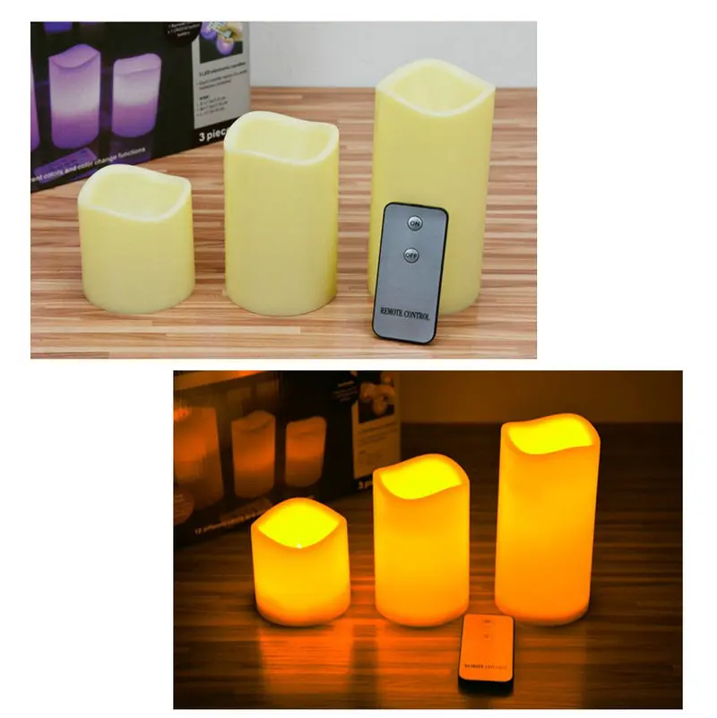 Набор из 3 шт. беспламенных мерцающих светодиодных свечей цвета слоновой кости с