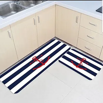 

2 Piece Kitchen Mats and Rugs Set Navy Blue and White Stripes Red Anchor Home Decorate Non Skid Bedroom Living Room Doormats