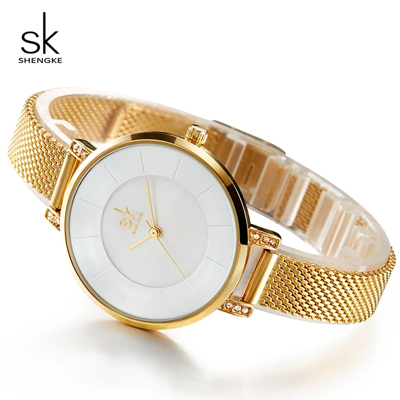 Часы Shengke женские кварцевые из нержавеющей стали с золотым браслетом|wristwatch women