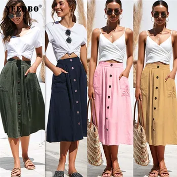 

NEEDBO Women Skirt Cotton A-Line Midi Skirt High Waist For Women Summer Autumn Knee-Length Elegant Button Female Skirt