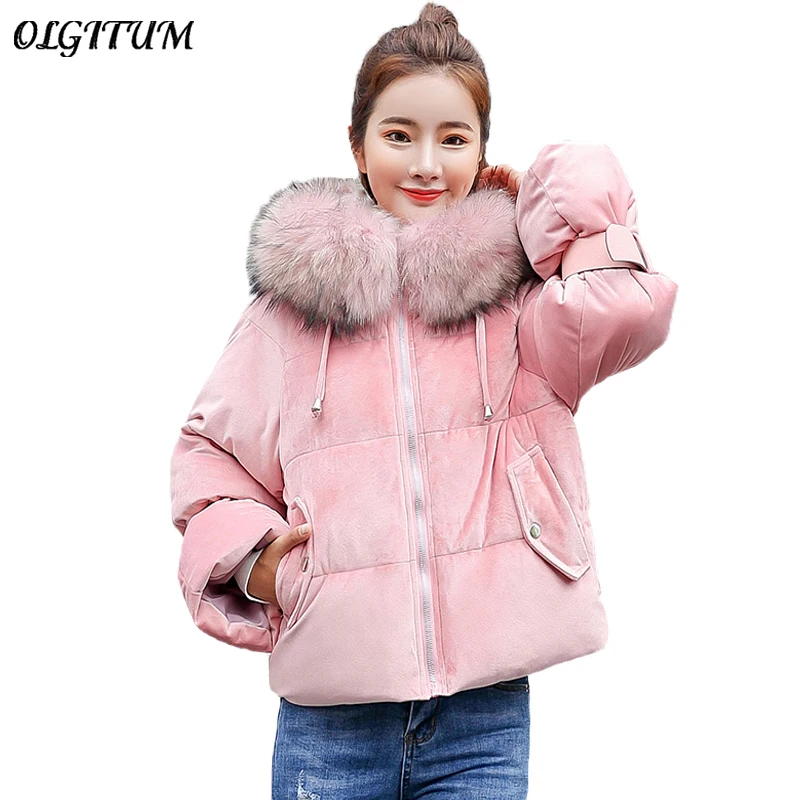 

Large Fur Collar Girl Coat 2019 Winter New Short Gold Velvet Cotton Jacket Horn Sleeve Loose Korean Student Down Bread Coat