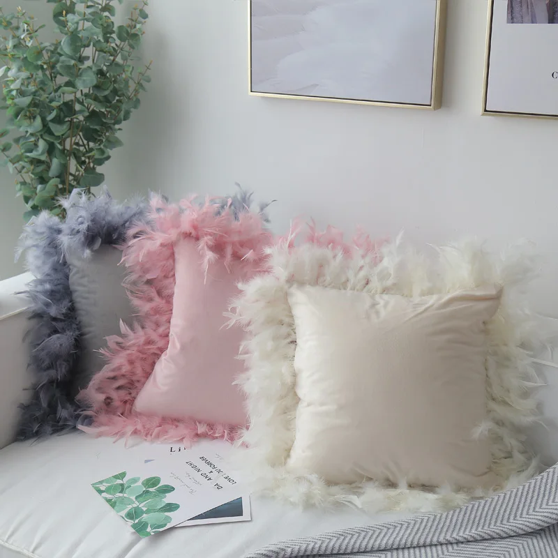 

New Luxury beauty Cushion cover white Europe velvet fabric feather around pillow case cushion sofa bed home room Dec