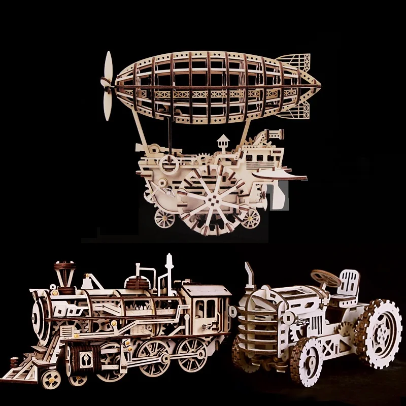 

DIY Clockwork Gear Drive Locomotive tractor airship 3D Wooden Model Building Kits Toys Hobbies Gift for Children Adult