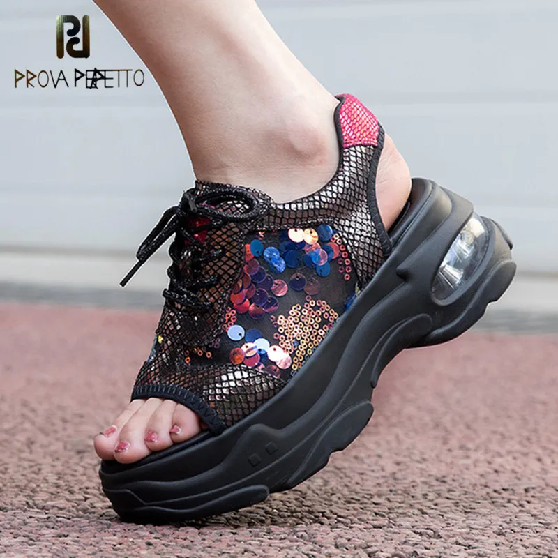 

Prova Perfetto Bling Paillette Lace Up Sandals Femme Fashion Peep Toe Wedge Heel Sneakers Women Flat Comfortable Sheepskin Shoes