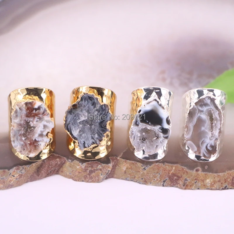 

6Pcs Gold / Silver Color Natural Geode Stone Rings, Natural Gems Ring