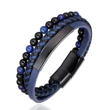 New 6MM Natural Stone Men Jewelry Punk Black Blue Braided Leather Bracelet For Men Stainless Steel Magnetic Clasp Fashion Bangle New 6MM Natural Stone Men Jewelry Punk Black Blue Braided Leather Bracelet For Men Stainless Steel Magnetic Clasp Fashion Bangle