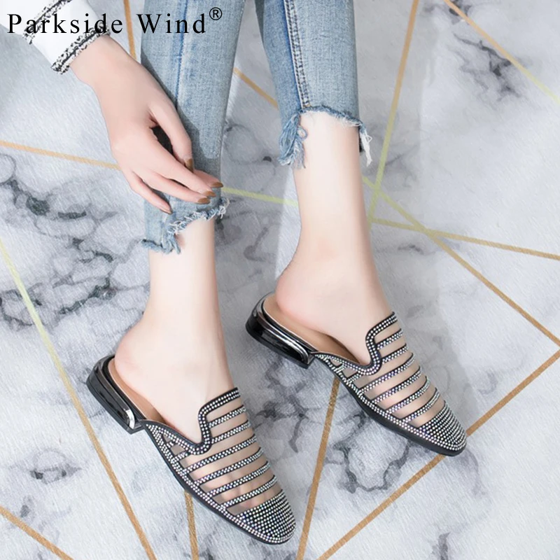 Parkside Wind Ladies Slippers Striped Flat With Crystal Mules Shoes Outside Mesh Women Slides Footwear XWA1821-5 | Обувь