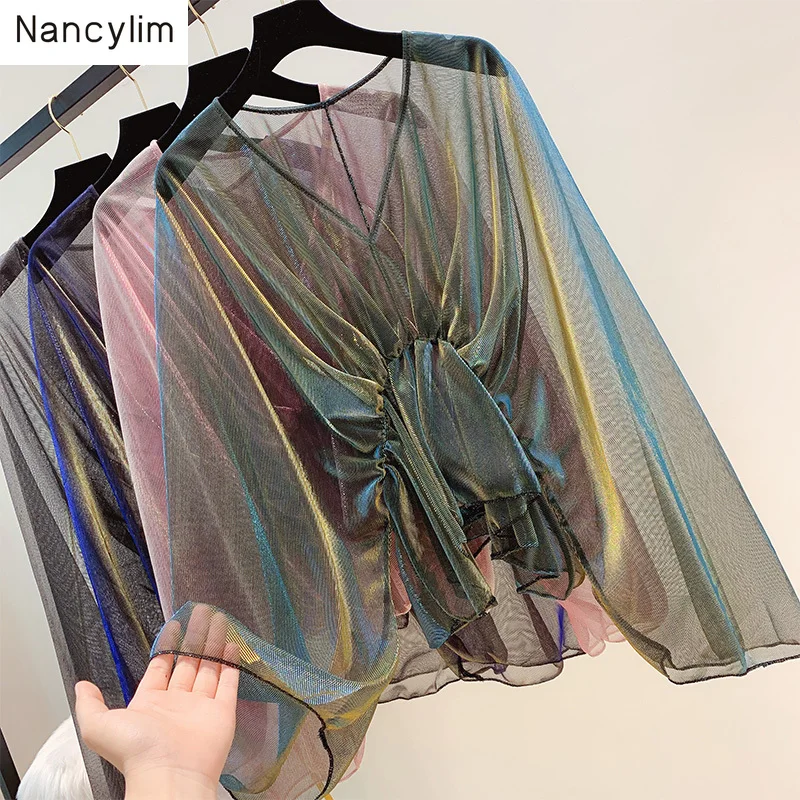 

Loose Chiffon Shirt Top Women Sexy V Collar Perspective Mesh Thin Long Sleeve Sunscreen Coat Girls Ladies Holiday Tops Blouses