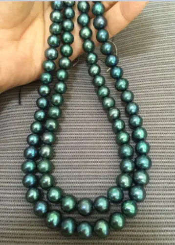 

N3809 double strands8-9mm tahitian peacock green pearl necklace % Discount AAA