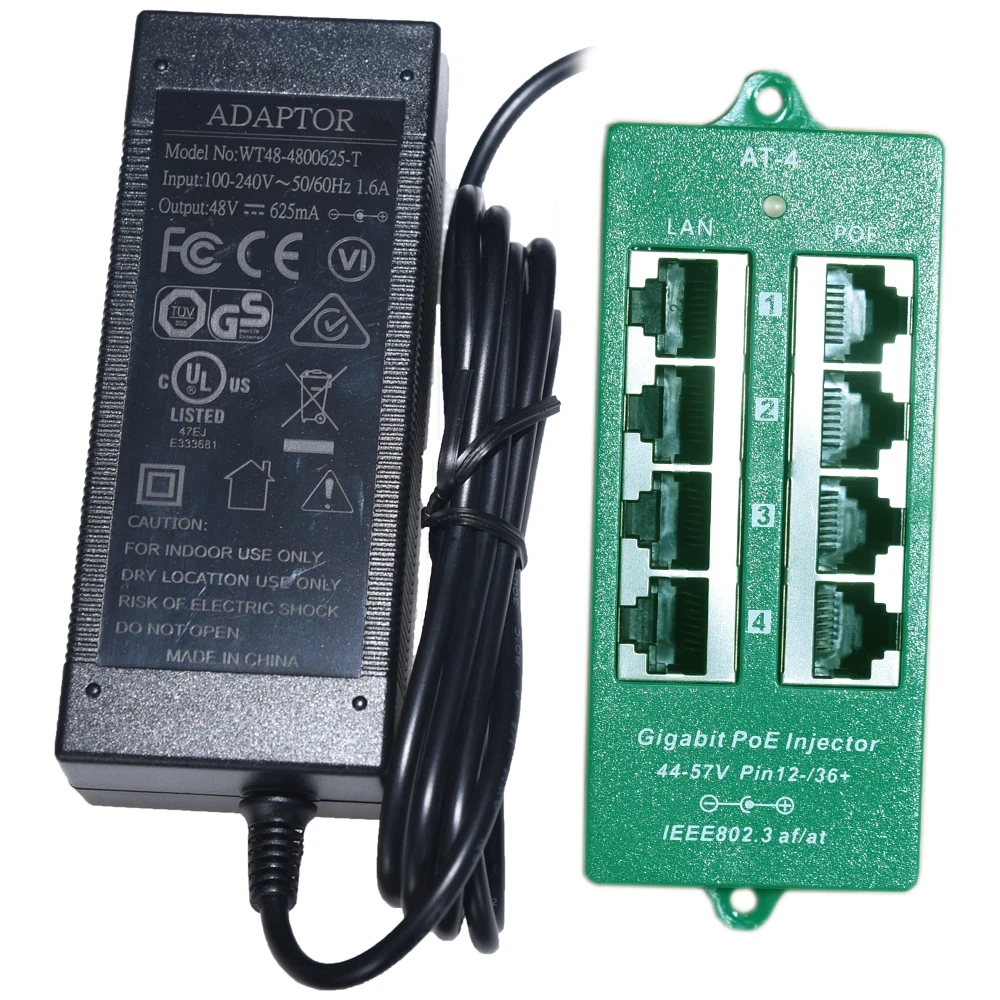 4 портовый Gigabit Power over Ethernet PoE + инжектор для автоматического ведения переговоров с