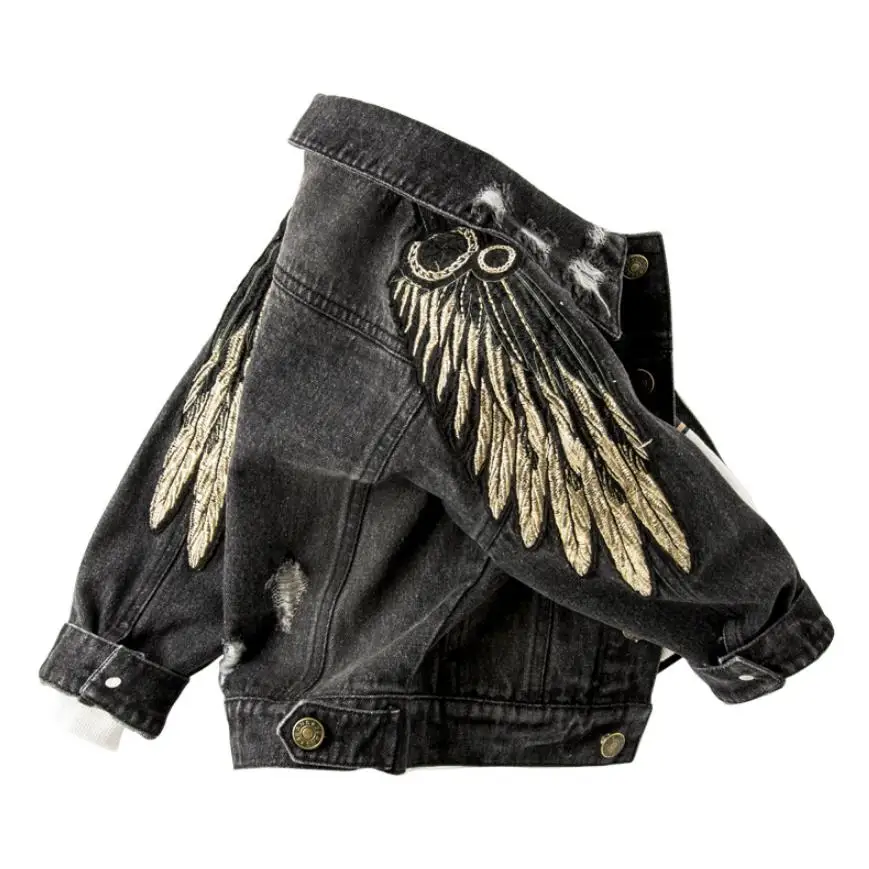 

Gold Angel Wings Embroidery Denim jackets For Boys Basic Coats Casacos Long Sleeve Slim coat Modis Vintage Outerwear Y1594