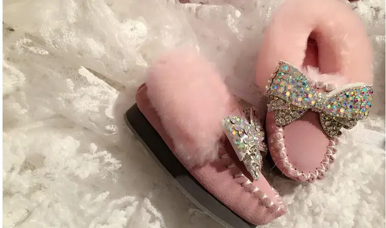 

Exclusive custom children's big children rhinestones bow control fur one doll shoes flat peas parent-child shoes