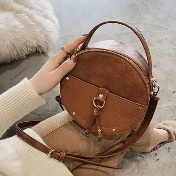 

Vintage Scrub Leather Round Designer Crossbody Bag for Women 2019 PU Leather Shoulder Bags Ladies Small Handbags Mini Tote Bag