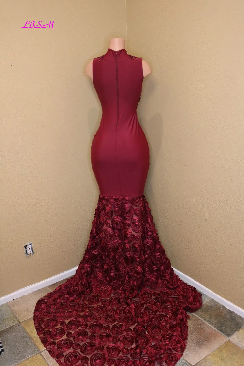 Luxury 3D Petal Flowers Mermaid Evening Dress Sexy High Neck Appliques Bead Long Formal Gowns Illusion Bodice Satin Prom Dresses