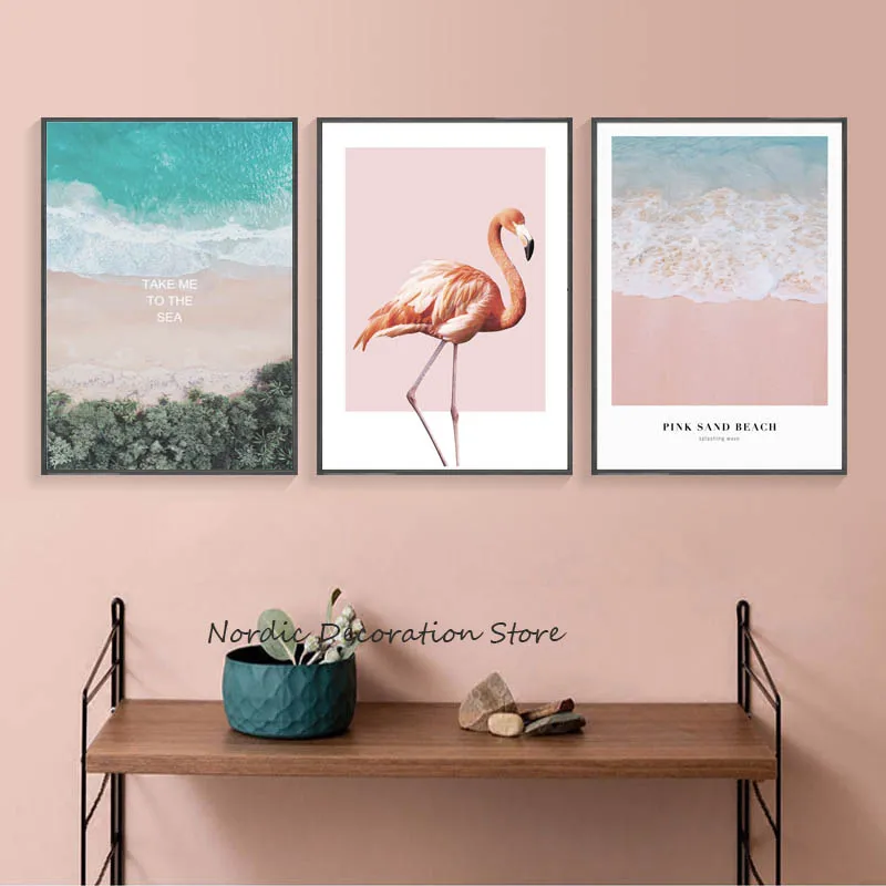 

Poster Beach Plant Print Pink Flamingo Wall Art Seascapes Poster And Prints Canvas Painting Green Plants Wall Pictures Unframed