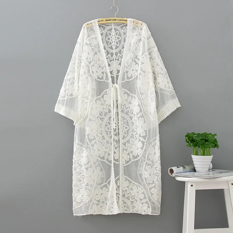 

Bathing Suit Cover Up Embroidered Sheer Women Swimsuit Cover Up See-through Lace Cover Up Beach Cardigan