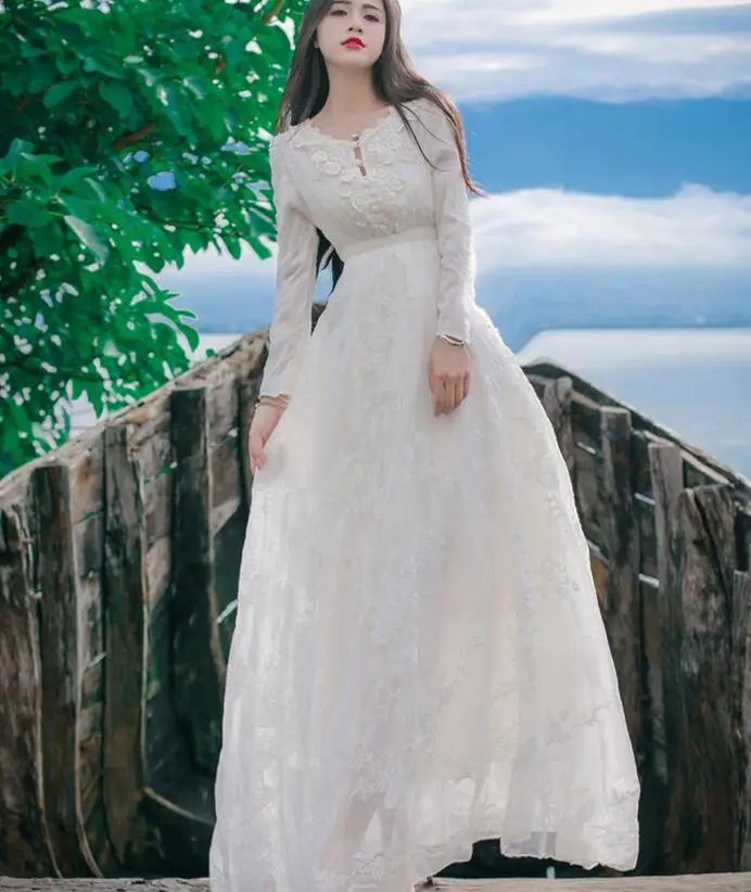 

Free Shipping Bohemian seaside Style Summer New Arrival Round Collar Long Sleeve Woman Flower Lace Gauze Long Dress White