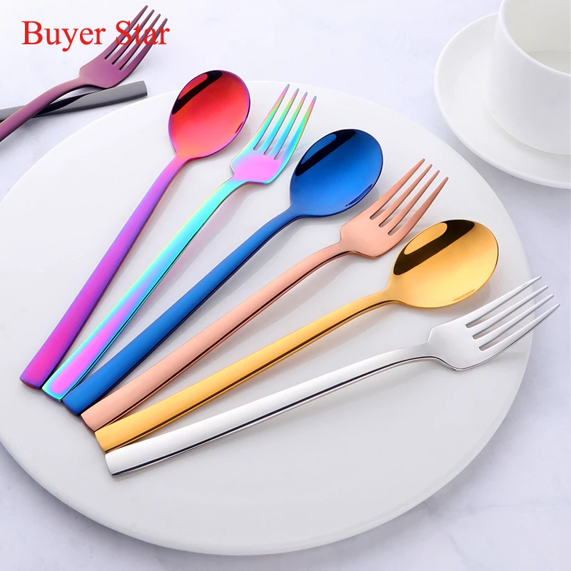 

2Pcs/set 18/8 Stainless Steel Children Soup Spoon And Fork Set Rainbow Long Handle Tableware ladle kitchen Dinnerware Set