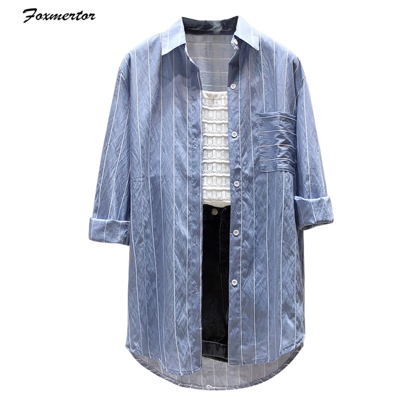 

Foxmertor 2019Women's Blouse Summer Fashion Korean Chiffon Full Women's Striped POLO Collar Long Section Blouses
