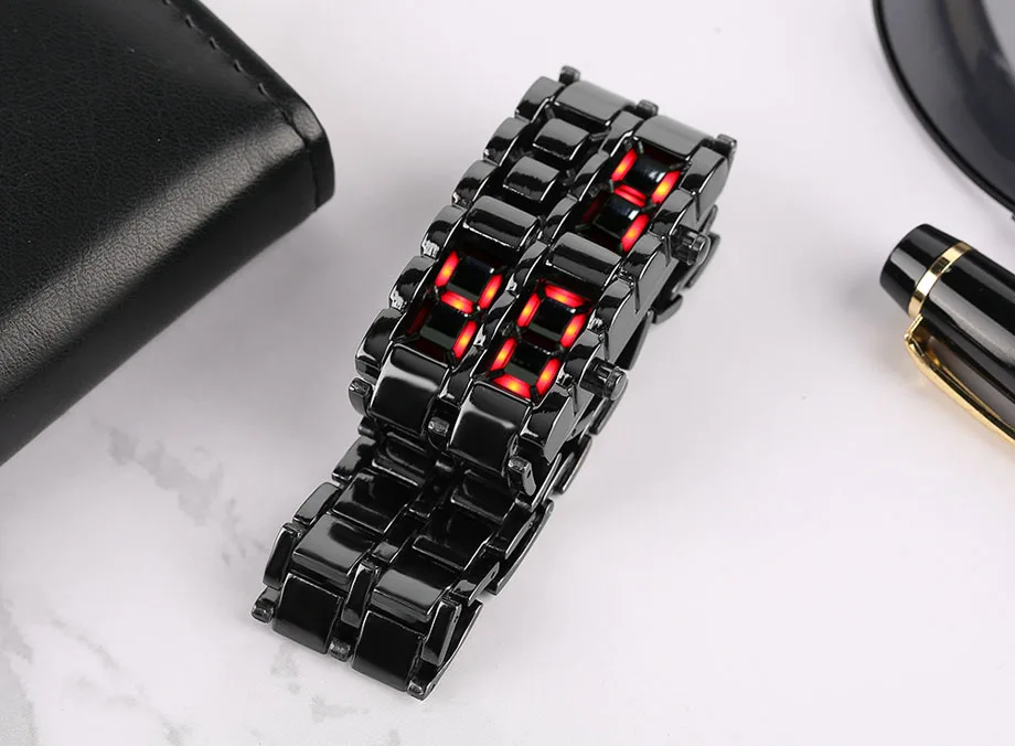 Cool Iron Samurai Japanese-inspired Red LED Digital Watch Men Faceless Design Bracelet Date Wristwatch Sport Relogio Masculino  (15)