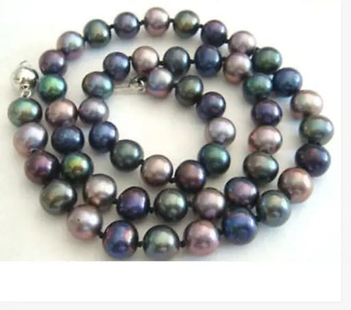 

stunningAAA 9-10mmround peacock green red multicolor pearl necklace 18"925 silver
