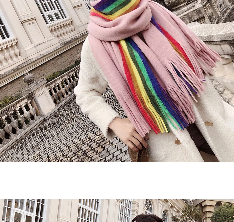 Женский кашемировый шарф Полосатое платье радужных цветов длинные шарфы осень зима утолщенный теплый воротник шарф кисточка шаль для женщин девушек